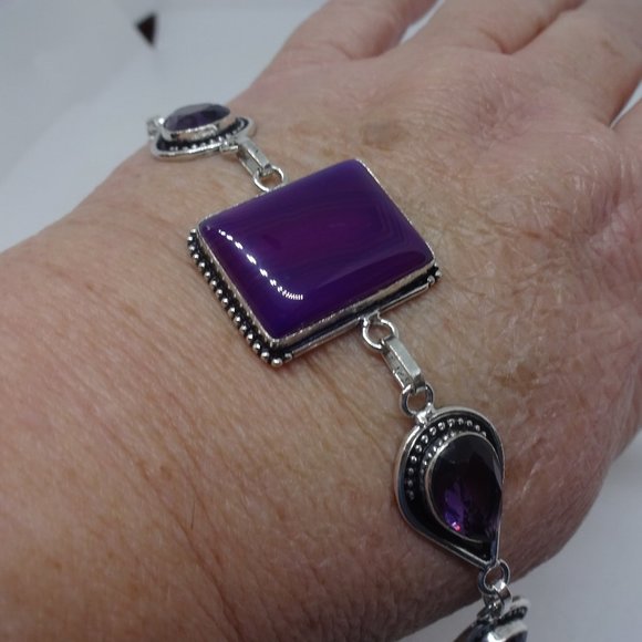 Vivid "PURPLE BOTSWANA AGATE & AMETHYST" Handmade Sterling Bracelet 8.5" #211A - Picture 1 of 3